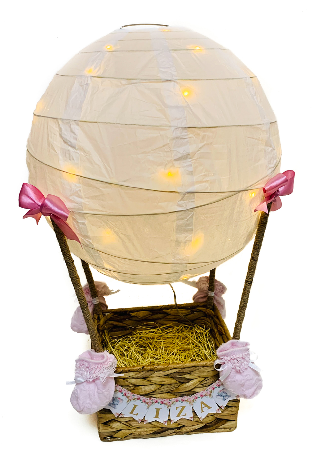Lumină de noapte decor balon cu aer cald cu nume, lumină cu LED și figurină de pluș pentru camera bebelușului /camera copiilor